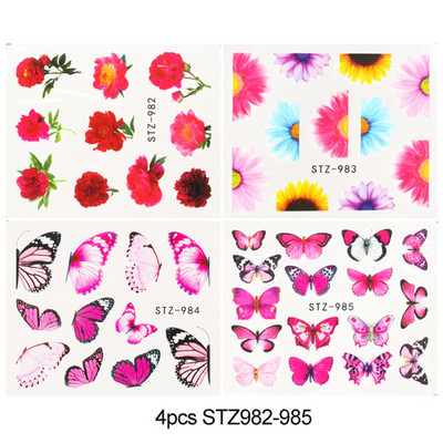 4 kompiuteriai / lakštai pavasario juodos lapinės gėlės vandens lipdukai Paprasti nagų dekoravimo lipdukai Drugelis žalia palmių dizaino nagų dailės vandens ženklas LAI-24