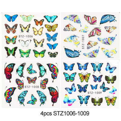 4 kompiuteriai / lakštai pavasario juodos lapinės gėlės vandens lipdukai Paprasti nagų dekoravimo lipdukai Drugelis žalia palmių dizaino nagų dailės vandens ženklas LAI-24