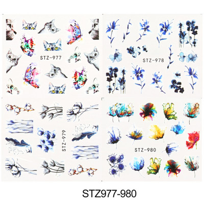 4 kompiuteriai / lakštai pavasario juodos lapinės gėlės vandens lipdukai Paprasti nagų dekoravimo lipdukai Drugelis žalia palmių dizaino nagų dailės vandens ženklas LAI-24