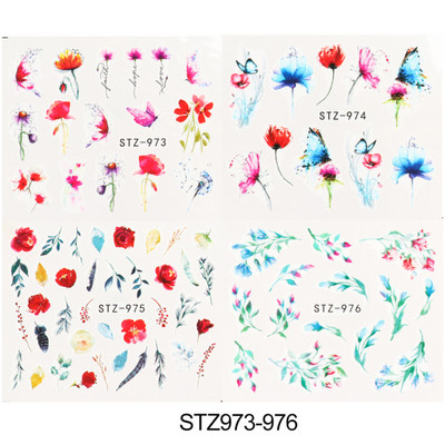 4 kompiuteriai / lakštai pavasario juodos lapinės gėlės vandens lipdukai Paprasti nagų dekoravimo lipdukai Drugelis žalia palmių dizaino nagų dailės vandens ženklas LAI-24