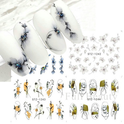 4 kompiuteriai / lakštai pavasario juodos lapinės gėlės vandens lipdukai Paprasti nagų dekoravimo lipdukai Drugelis žalia palmių dizaino nagų dailės vandens ženklas LAI-24
