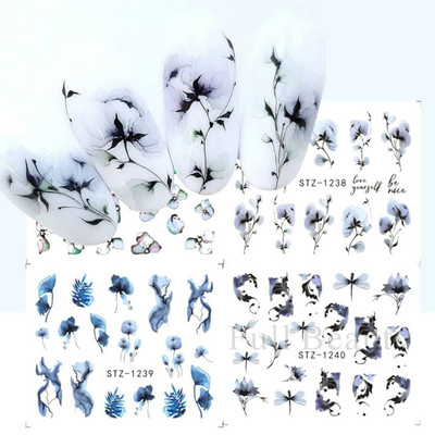 4 kompiuteriai / lakštai pavasario juodos lapinės gėlės vandens lipdukai Paprasti nagų dekoravimo lipdukai Drugelis žalia palmių dizaino nagų dailės vandens ženklas LAI-24