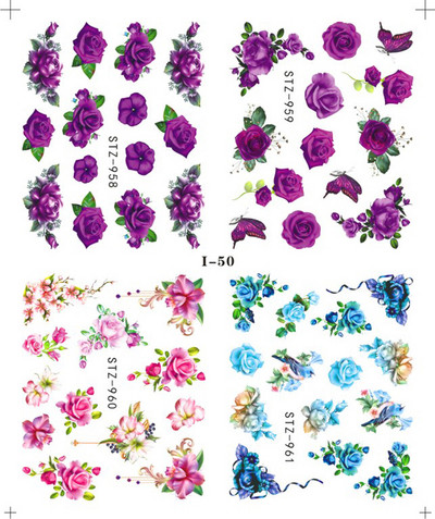 4 kompiuteriai / lakštai pavasario juodos lapinės gėlės vandens lipdukai Paprasti nagų dekoravimo lipdukai Drugelis žalia palmių dizaino nagų dailės vandens ženklas LAI-24