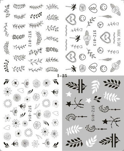 4 kompiuteriai / lakštai pavasario juodos lapinės gėlės vandens lipdukai Paprasti nagų dekoravimo lipdukai Drugelis žalia palmių dizaino nagų dailės vandens ženklas LAI-24