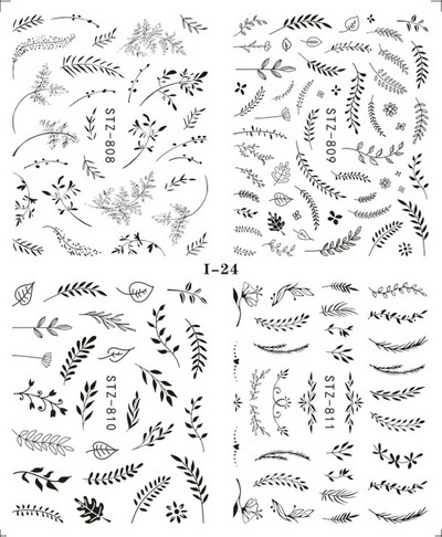 4 kompiuteriai / lakštai pavasario juodos lapinės gėlės vandens lipdukai Paprasti nagų dekoravimo lipdukai Drugelis žalia palmių dizaino nagų dailės vandens ženklas LAI-24