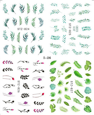 4 kompiuteriai / lakštai pavasario juodos lapinės gėlės vandens lipdukai Paprasti nagų dekoravimo lipdukai Drugelis žalia palmių dizaino nagų dailės vandens ženklas LAI-24