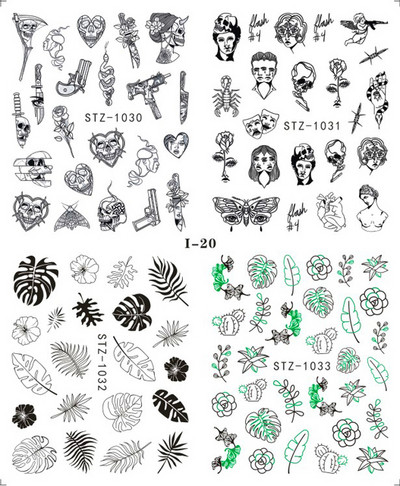 4 kompiuteriai / lakštai pavasario juodos lapinės gėlės vandens lipdukai Paprasti nagų dekoravimo lipdukai Drugelis žalia palmių dizaino nagų dailės vandens ženklas LAI-24