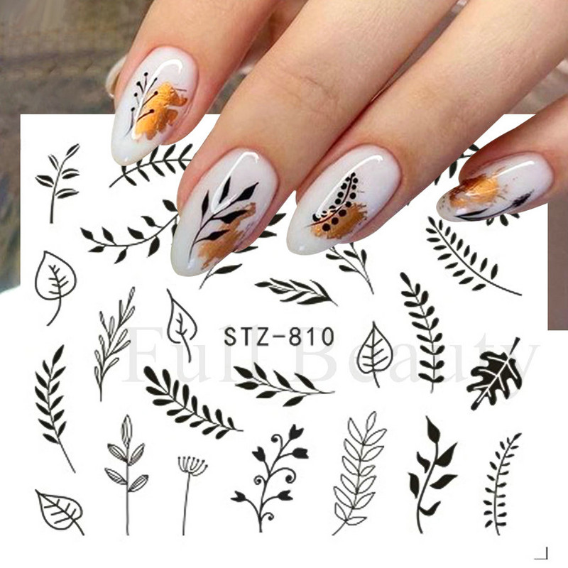 4 kompiuteriai / lakštai pavasario juodos lapinės gėlės vandens lipdukai Paprasti nagų dekoravimo lipdukai Drugelis žalia palmių dizaino nagų dailės vandens ženklas LAI-24