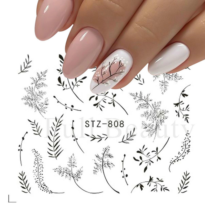 4 kompiuteriai / lakštai pavasario juodos lapinės gėlės vandens lipdukai Paprasti nagų dekoravimo lipdukai Drugelis žalia palmių dizaino nagų dailės vandens ženklas LAI-24