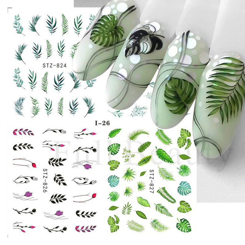 4 kompiuteriai / lakštai pavasario juodos lapinės gėlės vandens lipdukai Paprasti nagų dekoravimo lipdukai Drugelis žalia palmių dizaino nagų dailės vandens ženklas LAI-24