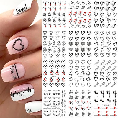 12 τμχ Αυτοκόλλητο νερού Nail Art Heart Love Letters Γάτες Λουλούδια Χαλκομανίες Μεταφορά Sliders Tattoo Valentine Decorations Manicure TRBY