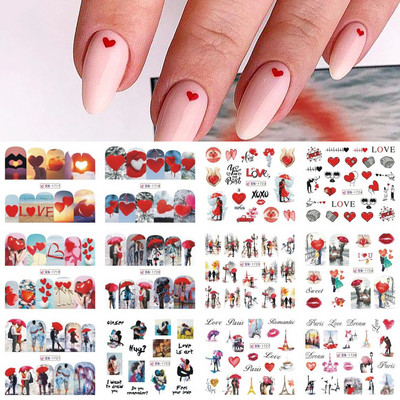 12 gab. Ūdens Uzlīme Nail Art Sirds Mīlestības Vēstules Kaķi Ziedi Uzlīmes Pārnesumi Slīdņi Tetovējums Valentīna Dekorācijas Manikīrs TRBY