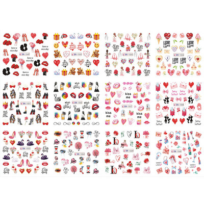 12 gab. Ūdens Uzlīme Nail Art Sirds Mīlestības Vēstules Kaķi Ziedi Uzlīmes Pārnesumi Slīdņi Tetovējums Valentīna Dekorācijas Manikīrs TRBY