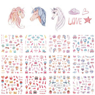 12 gab. Ūdens Uzlīme Nail Art Sirds Mīlestības Vēstules Kaķi Ziedi Uzlīmes Pārnesumi Slīdņi Tetovējums Valentīna Dekorācijas Manikīrs TRBY