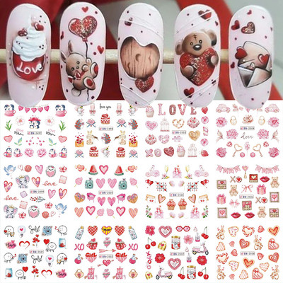 12 gab. Ūdens Uzlīme Nail Art Sirds Mīlestības Vēstules Kaķi Ziedi Uzlīmes Pārnesumi Slīdņi Tetovējums Valentīna Dekorācijas Manikīrs TRBY