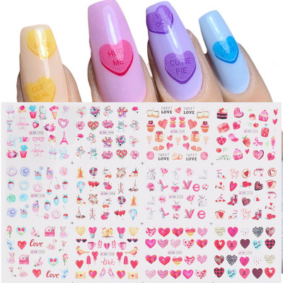 12 gab. Ūdens Uzlīme Nail Art Sirds Mīlestības Vēstules Kaķi Ziedi Uzlīmes Pārnesumi Slīdņi Tetovējums Valentīna Dekorācijas Manikīrs TRBY