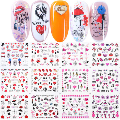 12 gab. Ūdens Uzlīme Nail Art Sirds Mīlestības Vēstules Kaķi Ziedi Uzlīmes Pārnesumi Slīdņi Tetovējums Valentīna Dekorācijas Manikīrs TRBY