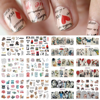 12 gab. Ūdens Uzlīme Nail Art Sirds Mīlestības Vēstules Kaķi Ziedi Uzlīmes Pārnesumi Slīdņi Tetovējums Valentīna Dekorācijas Manikīrs TRBY