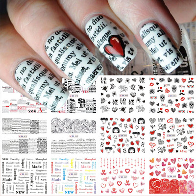12 gab. Ūdens Uzlīme Nail Art Sirds Mīlestības Vēstules Kaķi Ziedi Uzlīmes Pārnesumi Slīdņi Tetovējums Valentīna Dekorācijas Manikīrs TRBY