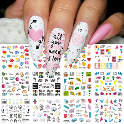 12 gab. Ūdens Uzlīme Nail Art Sirds Mīlestības Vēstules Kaķi Ziedi Uzlīmes Pārnesumi Slīdņi Tetovējums Valentīna Dekorācijas Manikīrs TRBY