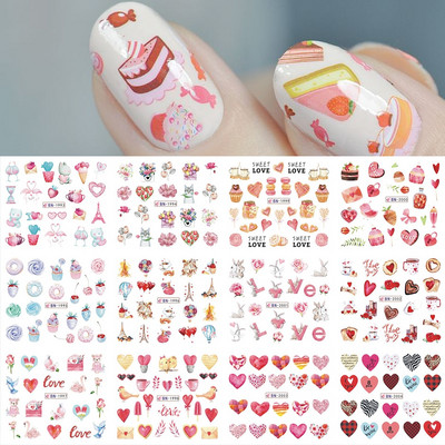 12 gab. Ūdens Uzlīme Nail Art Sirds Mīlestības Vēstules Kaķi Ziedi Uzlīmes Pārnesumi Slīdņi Tetovējums Valentīna Dekorācijas Manikīrs TRBY