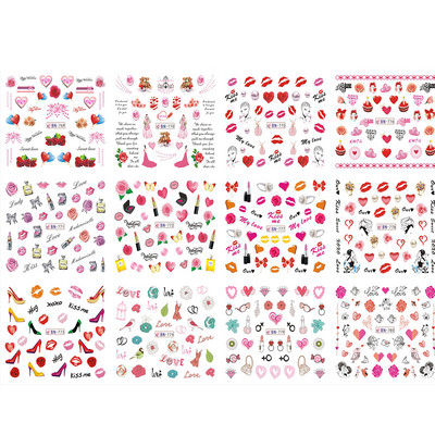 12 gab. Ūdens Uzlīme Nail Art Sirds Mīlestības Vēstules Kaķi Ziedi Uzlīmes Pārnesumi Slīdņi Tetovējums Valentīna Dekorācijas Manikīrs TRBY