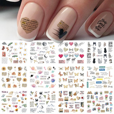 12 gab. Ūdens Uzlīme Nail Art Sirds Mīlestības Vēstules Kaķi Ziedi Uzlīmes Pārnesumi Slīdņi Tetovējums Valentīna Dekorācijas Manikīrs TRBY