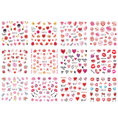 12 gab. Ūdens Uzlīme Nail Art Sirds Mīlestības Vēstules Kaķi Ziedi Uzlīmes Pārnesumi Slīdņi Tetovējums Valentīna Dekorācijas Manikīrs TRBY
