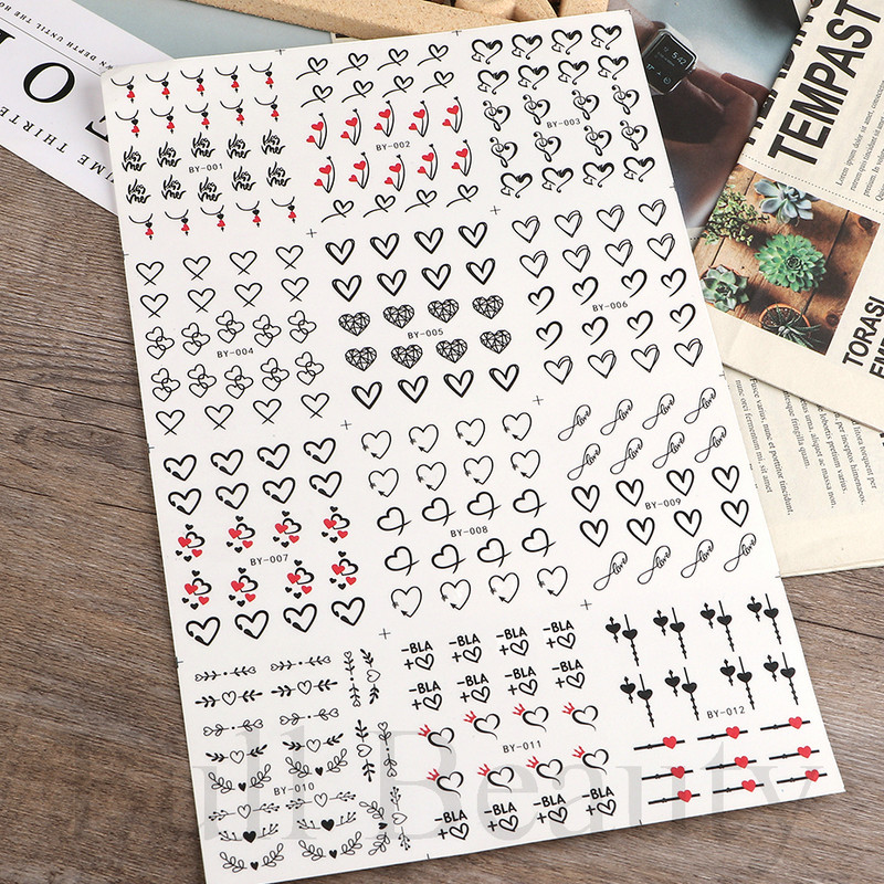 12 gab. Ūdens Uzlīme Nail Art Sirds Mīlestības Vēstules Kaķi Ziedi Uzlīmes Pārnesumi Slīdņi Tetovējums Valentīna Dekorācijas Manikīrs TRBY