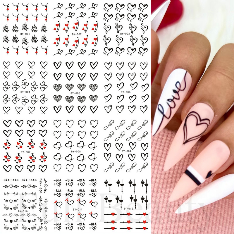 12 gab. Ūdens Uzlīme Nail Art Sirds Mīlestības Vēstules Kaķi Ziedi Uzlīmes Pārnesumi Slīdņi Tetovējums Valentīna Dekorācijas Manikīrs TRBY