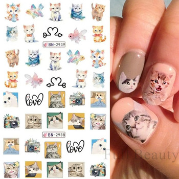12 бр. Kawaii Cat Nail Water Sticker Аниме акварелно дизайнерско фолио за стикери за нокти Сладък карикатурен воден знак Прехвърляне на маникюр Плъзгач