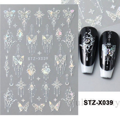 3D hologrāfisks, melns tauriņš, nagi, slīdnis, lāzers, pašlīmējošās uzlīmes, tumšās pils, pušķi, modeļi, manikīra uzlīmes, dekors 2023. g.