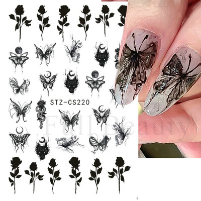 3D hologrāfisks, melns tauriņš, nagi, slīdnis, lāzers, pašlīmējošās uzlīmes, tumšās pils, pušķi, modeļi, manikīra uzlīmes, dekors 2023. g.