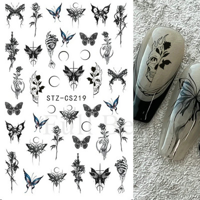 3D hologrāfisks, melns tauriņš, nagi, slīdnis, lāzers, pašlīmējošās uzlīmes, tumšās pils, pušķi, modeļi, manikīra uzlīmes, dekors 2023. g.