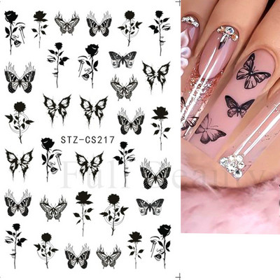 3D hologrāfisks, melns tauriņš, nagi, slīdnis, lāzers, pašlīmējošās uzlīmes, tumšās pils, pušķi, modeļi, manikīra uzlīmes, dekors 2023. g.