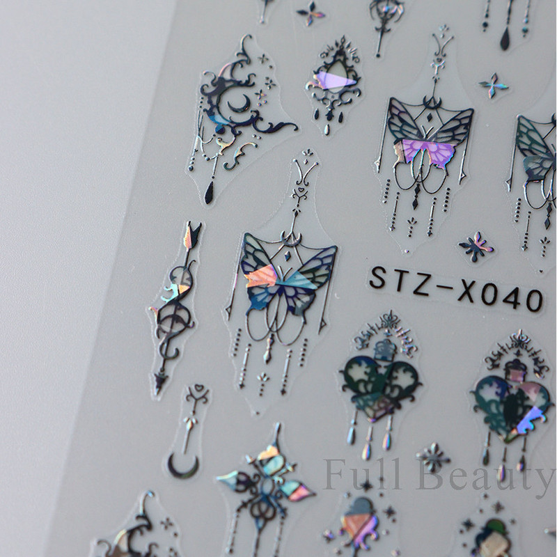 3D hologrāfisks, melns tauriņš, nagi, slīdnis, lāzers, pašlīmējošās uzlīmes, tumšās pils, pušķi, modeļi, manikīra uzlīmes, dekors 2023. g.