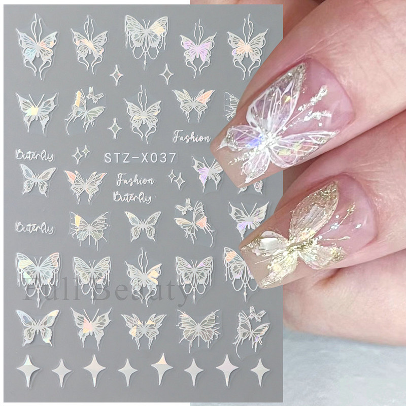 3D hologrāfisks, melns tauriņš, nagi, slīdnis, lāzers, pašlīmējošās uzlīmes, tumšās pils, pušķi, modeļi, manikīra uzlīmes, dekors 2023. g.