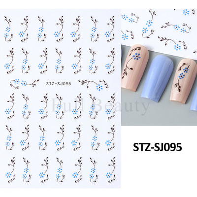 Nagu mākslas ziedu lapu uzlīmes Nagu slīdņi jauks zils ziedu dizains pavasara sakuras ķiršu koka pašlīmējošās nagu mākslas uzlīmes Dekors