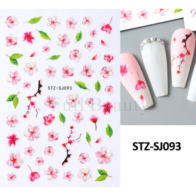 Nagu mākslas ziedu lapu uzlīmes Nagu slīdņi jauks zils ziedu dizains pavasara sakuras ķiršu koka pašlīmējošās nagu mākslas uzlīmes Dekors