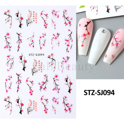 Nagu mākslas ziedu lapu uzlīmes Nagu slīdņi jauks zils ziedu dizains pavasara sakuras ķiršu koka pašlīmējošās nagu mākslas uzlīmes Dekors