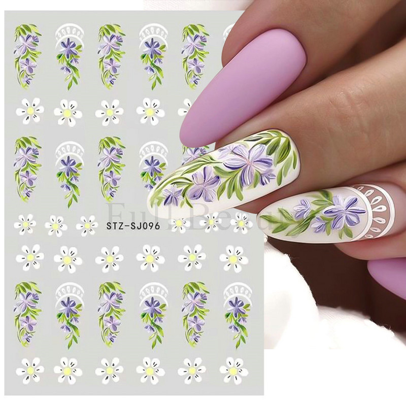 Nagu mākslas ziedu lapu uzlīmes Nagu slīdņi jauks zils ziedu dizains pavasara sakuras ķiršu koka pašlīmējošās nagu mākslas uzlīmes Dekors