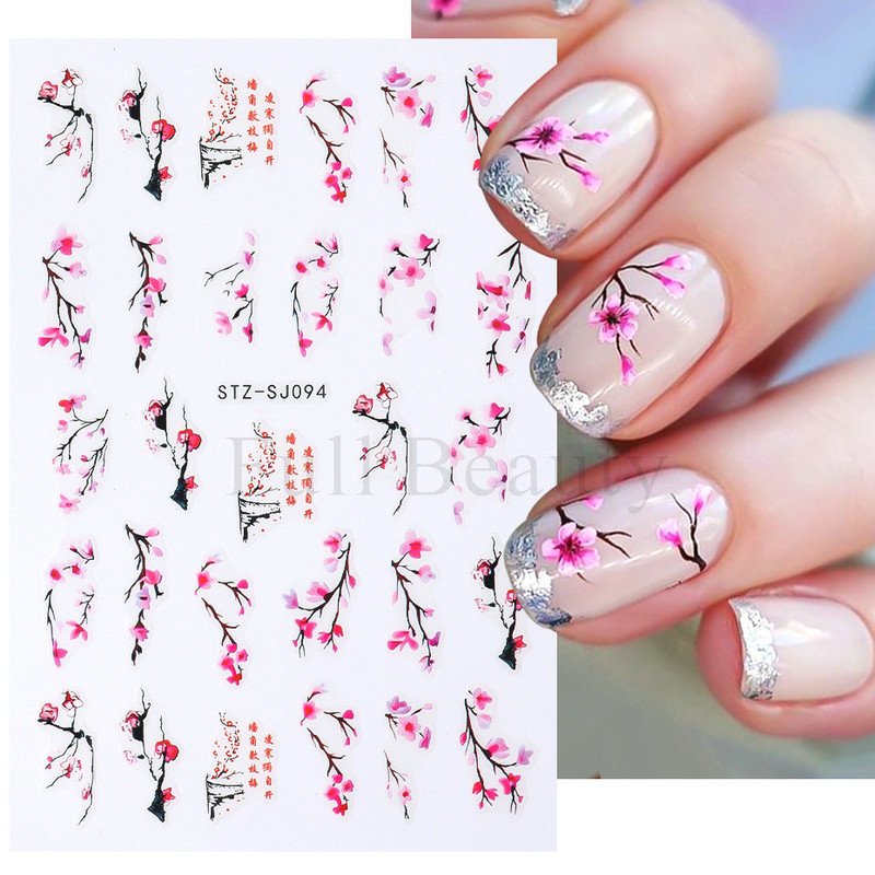 Nagu mākslas ziedu lapu uzlīmes Nagu slīdņi jauks zils ziedu dizains pavasara sakuras ķiršu koka pašlīmējošās nagu mākslas uzlīmes Dekors