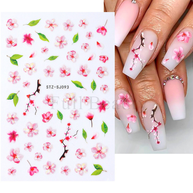 Nagu mākslas ziedu lapu uzlīmes Nagu slīdņi jauks zils ziedu dizains pavasara sakuras ķiršu koka pašlīmējošās nagu mākslas uzlīmes Dekors