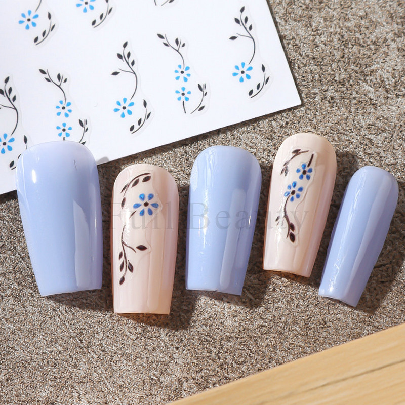 Nagu mākslas ziedu lapu uzlīmes Nagu slīdņi jauks zils ziedu dizains pavasara sakuras ķiršu koka pašlīmējošās nagu mākslas uzlīmes Dekors