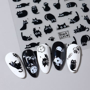 Τρισδιάστατα αυτοκόλλητα Kawaii Black Cat για νύχια Cute Kitty Dog Rabbit Nail Αυτοκόλλητο Ιαπωνικό καρτούν Ζώα Χαλκομανίες Αξεσουάρ μανικιούρ