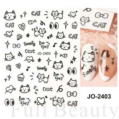 3D Kawaii melnā kaķa uzlīmes nagiem Jauka kaķenīte, trusis nagu uzlīme japāņu multfilma dzīvnieki Uzlīmes manikīra piederumi