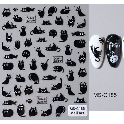 3D Kawaii melnā kaķa uzlīmes nagiem Jauka kaķenīte, trusis nagu uzlīme japāņu multfilma dzīvnieki Uzlīmes manikīra piederumi