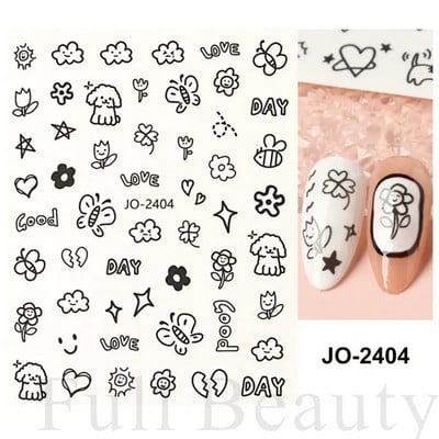 3D Kawaii melnā kaķa uzlīmes nagiem Jauka kaķenīte, trusis nagu uzlīme japāņu multfilma dzīvnieki Uzlīmes manikīra piederumi