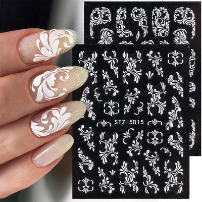 Autocolante 5D pentru unghii Dantela trandafir Glisori în relief alb Nunta Nail Art Design Acrilic Gravat Flor Decal Manichiura Decor FBSTZ5D-1