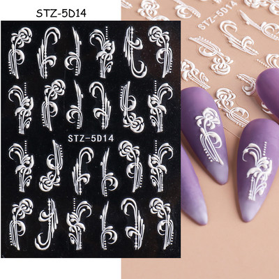 5D Nagu Uzlīmes Mežģīnes Roze Balts Reljefs Slīdņi Kāzu Nail Art Dizains Akrils Iegravēts Ziedu Uzlīmes Manikīra Dekors FBSTZ5D-1